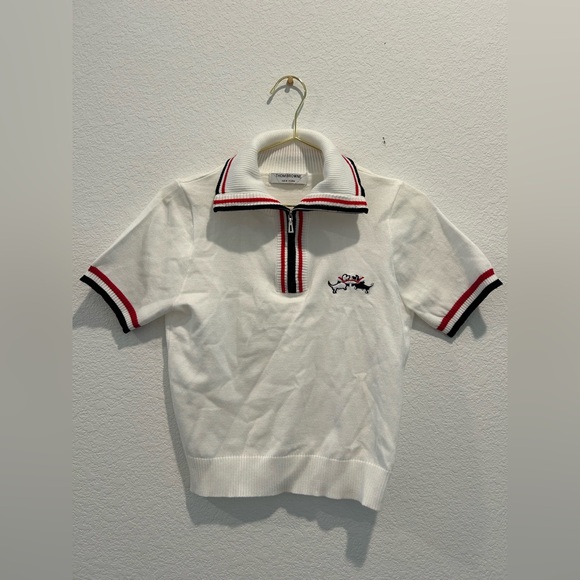 Thom Browne White knit Polo Shirt Embroidery dog Red Black Striped sweater top - Picture 1 of 5